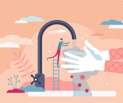 Illustration zwei sich waschender Hände unter einem Wasserhahn. Unter dem Hahn steht eine Miniaturperson auf einer Leiter.