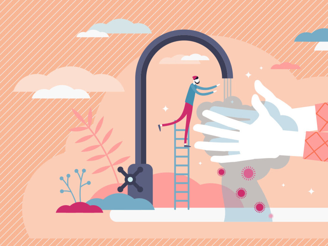 Illustration zwei sich waschender Hände unter einem Wasserhahn. Unter dem Hahn steht eine Miniaturperson auf einer Leiter.