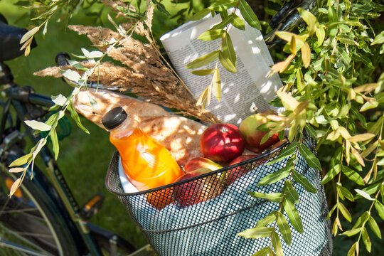 220317_artikelbild_gesund-lecker-unterwegs_shutterstock_227043658.jpg Auf dem Bild ist ein blaues Fahrrad. In dem Fahrradkorb ist Obst, Gemüse und Getreide.