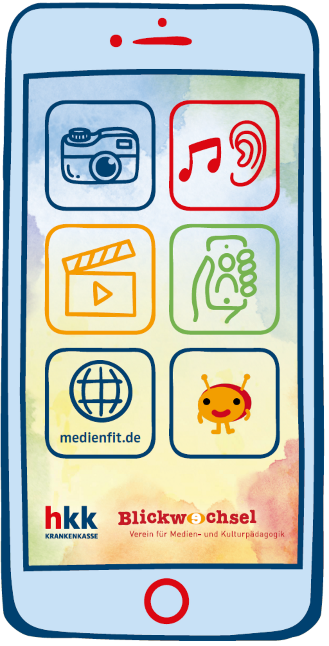 Zeichnung eines Handys mit großen Icons. Unten sind die Logos von der hkk und von Blickwechsel Verein für Medien- und Kulturpädagogik.