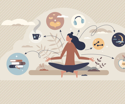 Grafik mit Frau zusammen mit Bücher, Tee, Mond etc.