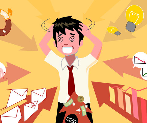 Grafik mit überforderten Mann