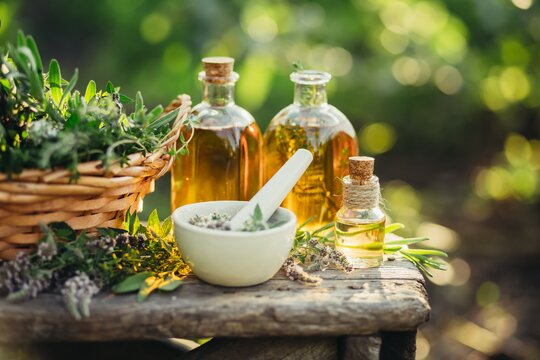 230814_artikelbild_kraeuter_oel_moerser_shutterstock_690952453.jpg Ein weißer Mörser mit Kräutern ist zu sehen und dahinter stehen einige Glasflaschen mit Ölen.