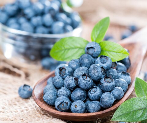 Heidelbeeren liegen auf einem Holzlöffel und in einer Glasschale.