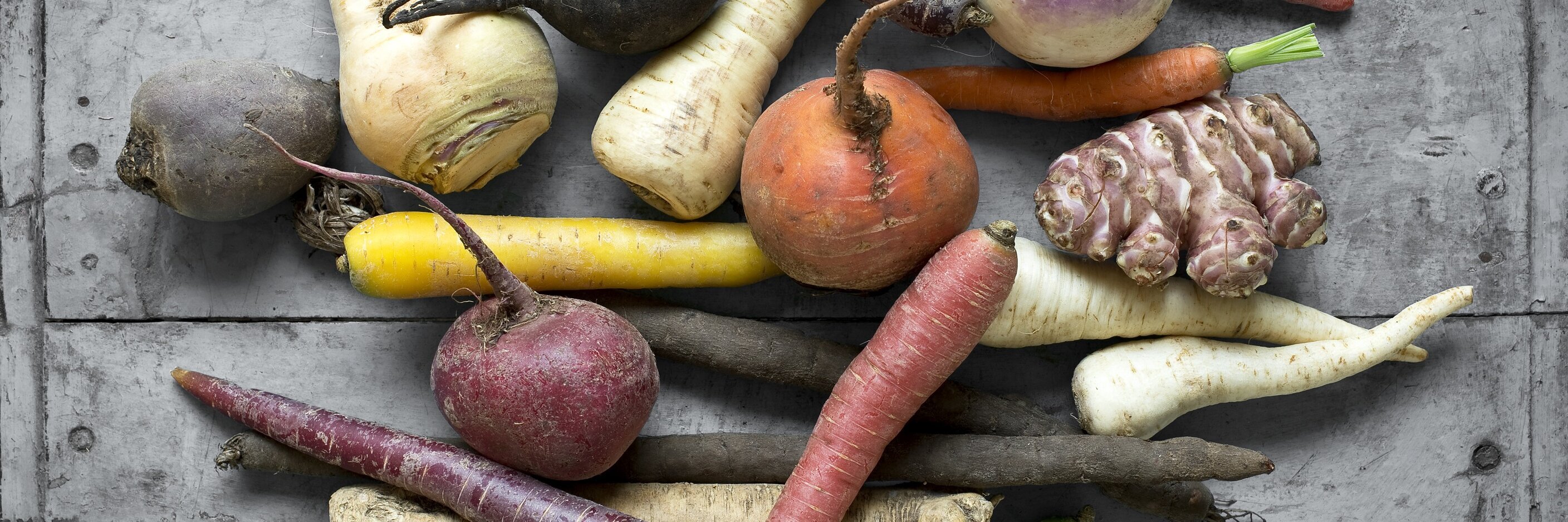 Es sind alte Gemüsesorten, wie Pastinaken, Topinambur und Steckrüben abgebildet.