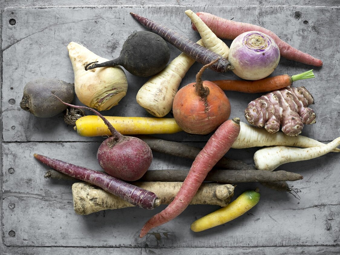 Es sind alte Gemüsesorten, wie Pastinaken, Topinambur und Steckrüben abgebildet.