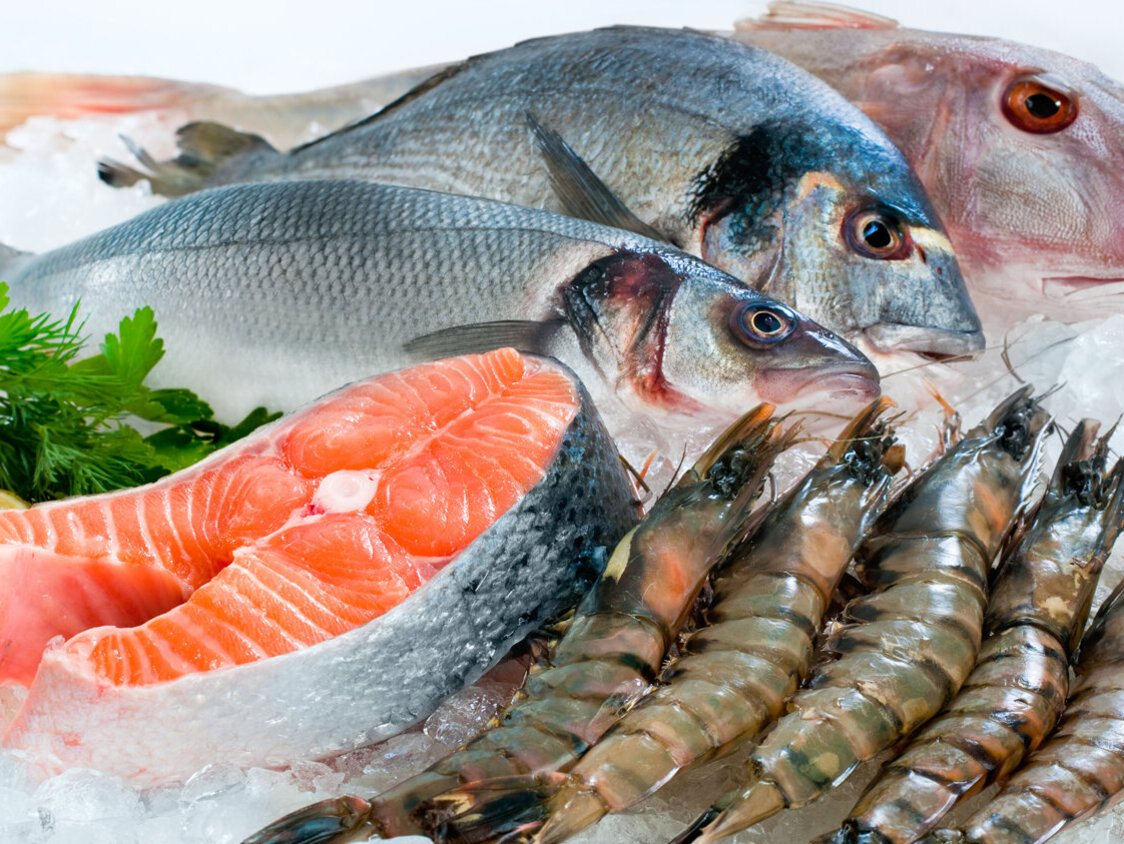 Auf Eis liegen einige Garnelen, ein Stück Lachs-Steak, eine Wolfsbarsch, eine Goldbrasse und eine Meerbarbe.