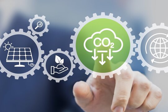 Eine Transparente Fläche mit verschiedenen icons. Auf einem davon steht "CO2". Ein Finger klickt darauf.