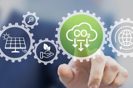 Eine Transparente Fläche mit verschiedenen icons. Auf einem davon steht "CO2". Ein Finger klickt darauf.