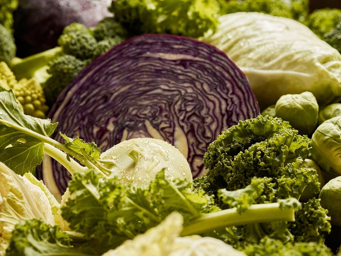 Es sind verschiedene Kohl-Sorten, wie Grünkohl, Rotkohl und Rosenkohl, abgebildet.