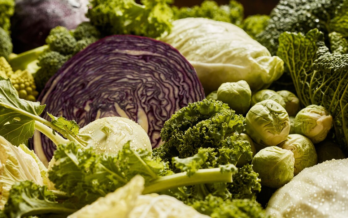 Es sind verschiedene Kohl-Sorten, wie Grünkohl, Rotkohl und Rosenkohl, abgebildet.