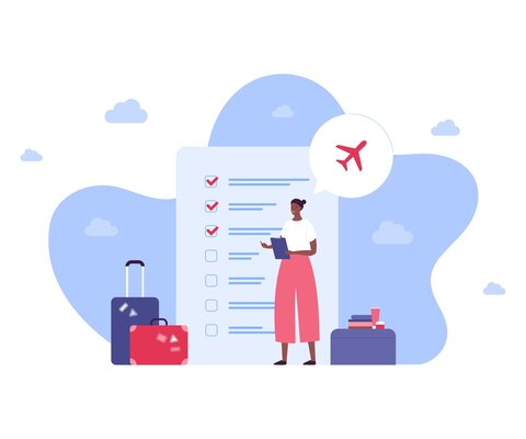Eine Illustration, die eine Checkliste, Koffer und eine Person zeigt.