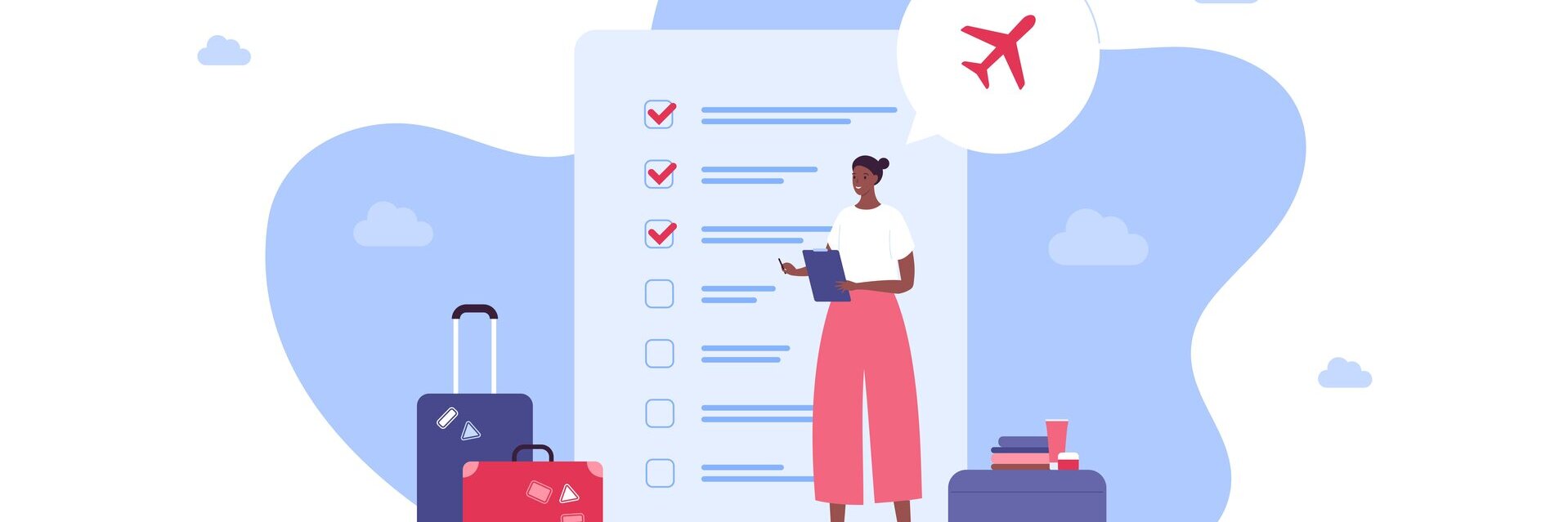 Eine Illustration, die eine Checkliste, Koffer und eine Person zeigt.