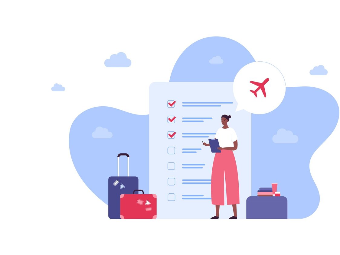 Eine Illustration, die eine Checkliste, Koffer und eine Person zeigt.