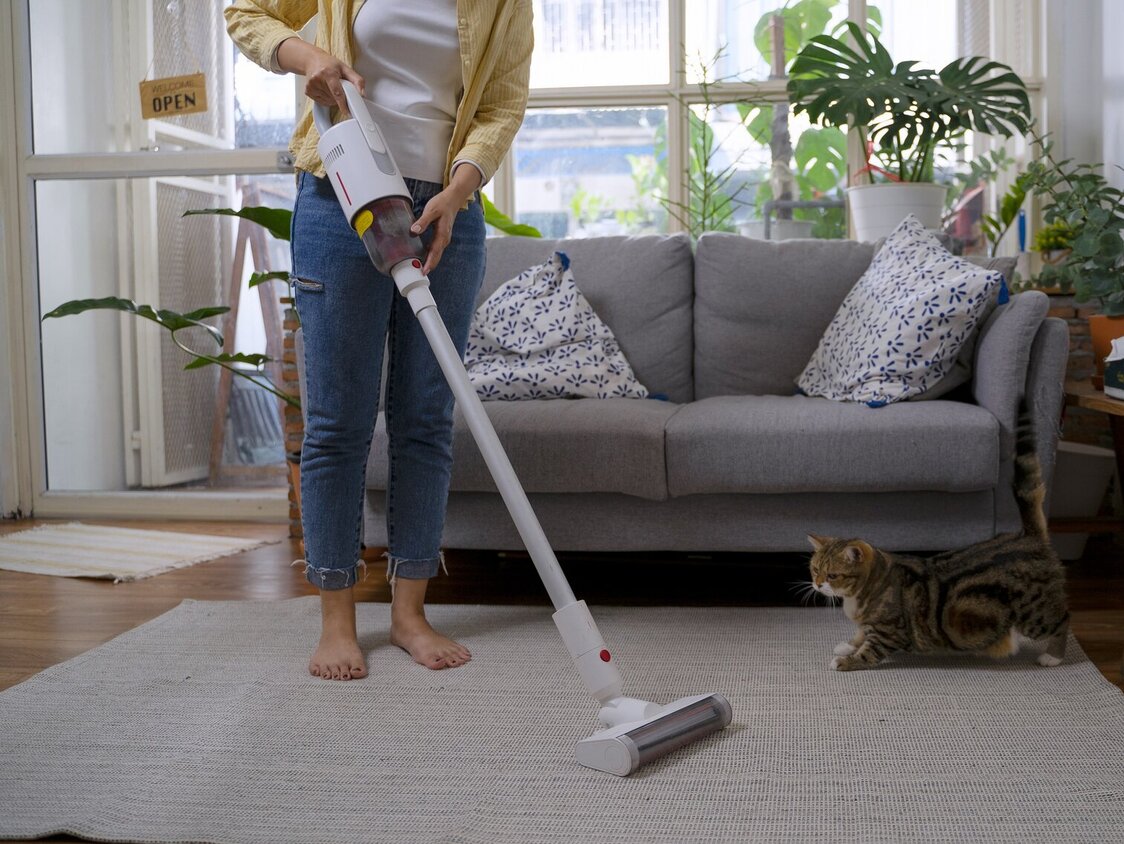 Frau reinigt den Teppich in einem Wohnzimmer mit einem Staubsauger. Eine Katze schaut zu.