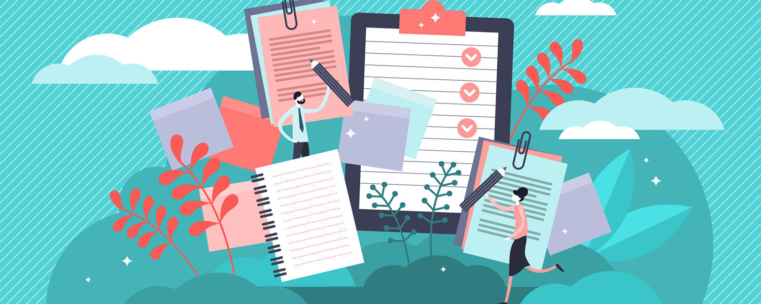 Illustration verschiedener Listen. Miniaturmenschen mit Stiften darum herum.