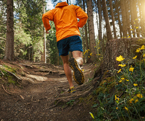 Ein Mann betreibt Trailrunning durch den Wald.