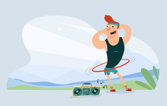 Illustration die einen comichaften Mann beim Hula Hoop zeigt.