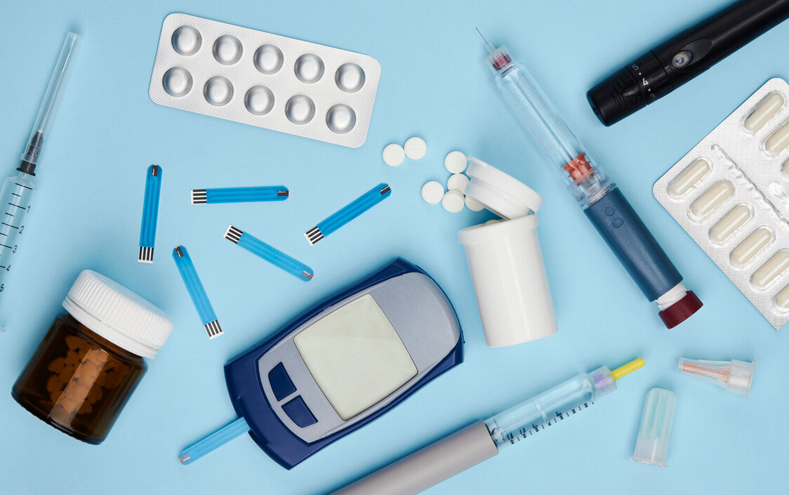 Diabetes,Concept,With,Medical,Equipment,On,Blue,Background,With,Copy
