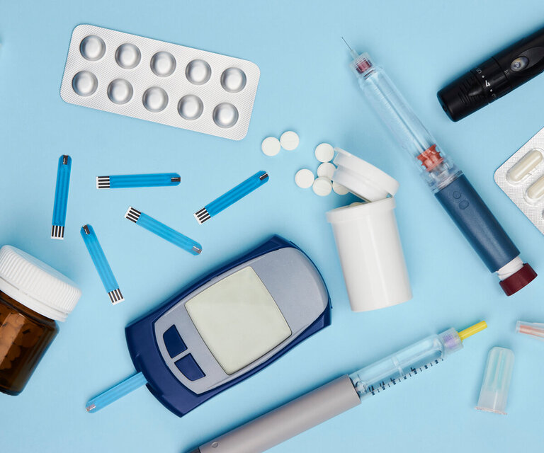 Diabetes,Concept,With,Medical,Equipment,On,Blue,Background,With,Copy