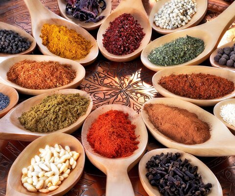 Gewürze und Kräuter in verschiedenen Farben werden auf Holzlöffeln präsentiert.