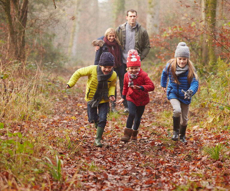 Eine Familie bei einem Spaziergang im Laubwald. Drei Kinder rennen voraus, die beiden Eltern laufen hinterher,