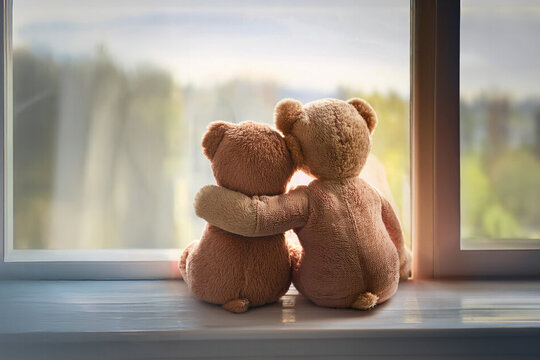 Zwei Teddys sitzen vor einem Fenster und umarmen sich.