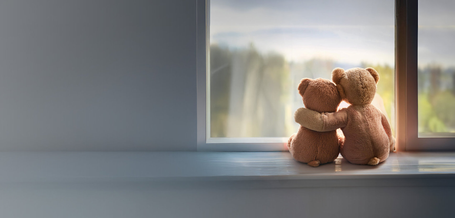 Zwei Teddys sitzen vor einem Fenster und umarmen sich.